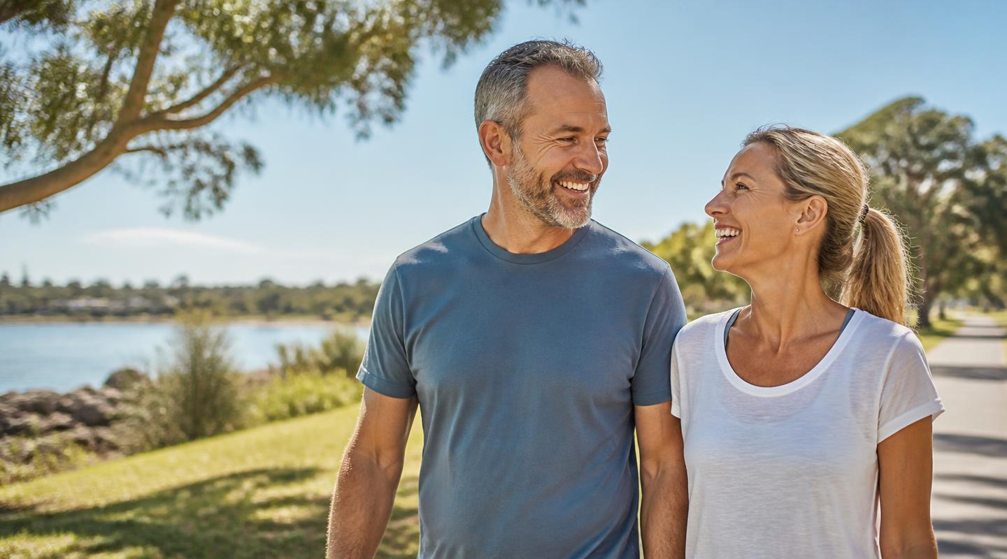 Healthy couple walking outdoors